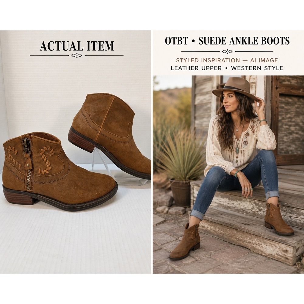 OTBT Trek Ankle Booties Women 8.5M Brown Good Suede Western Whipstitch 17F848